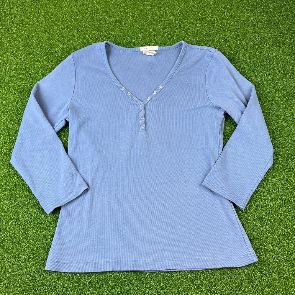 Y2K Old Navy Stretch Ribbed Henley Top Blue Long Sleeve V Neck Button Front L